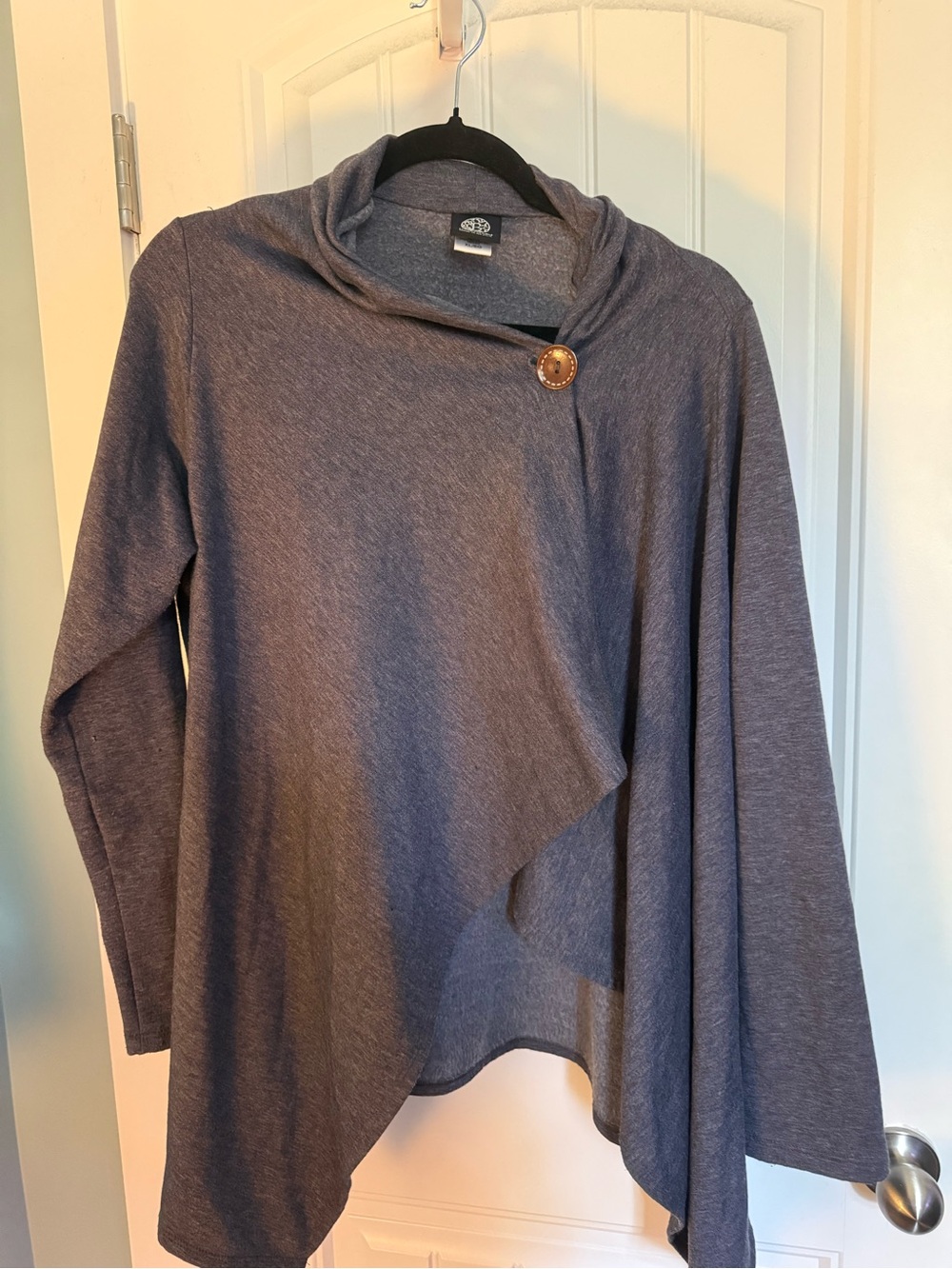 Bobeau Heather Slate Asymmetrical Button-Front Draped Sweater